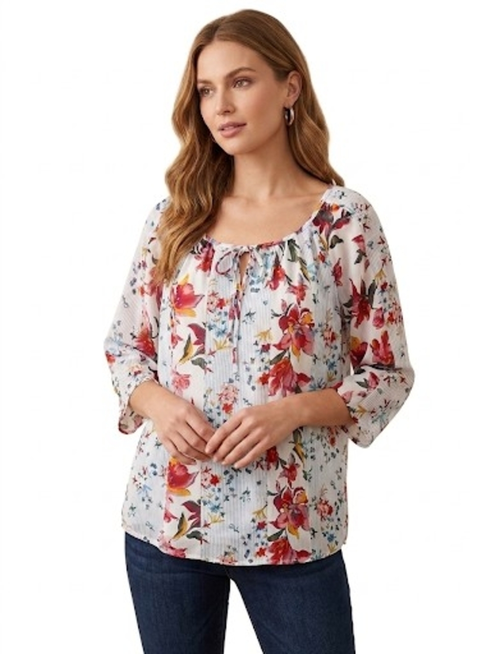 Figueroa & Flower Floral Pinstripe Keyhole Blouse 3/4 Sleeve Top Sz XL